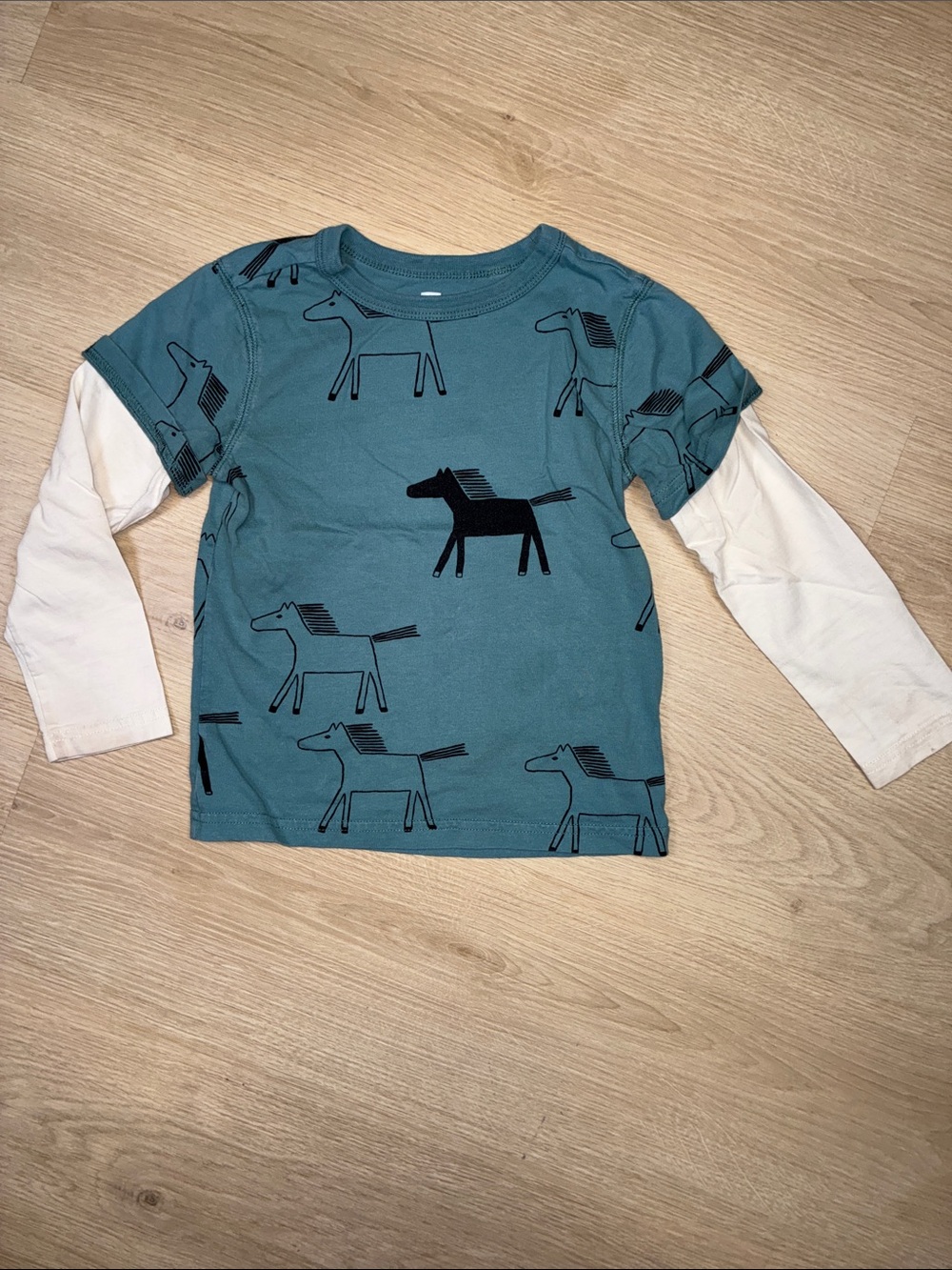 Tea Collection Teal Layered-Look Long Sleeve Top with Black Horse Print